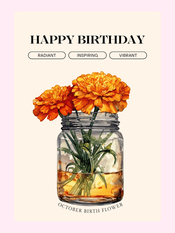 Happy birthday card with orange marigolds in a jar, October birth flower.
