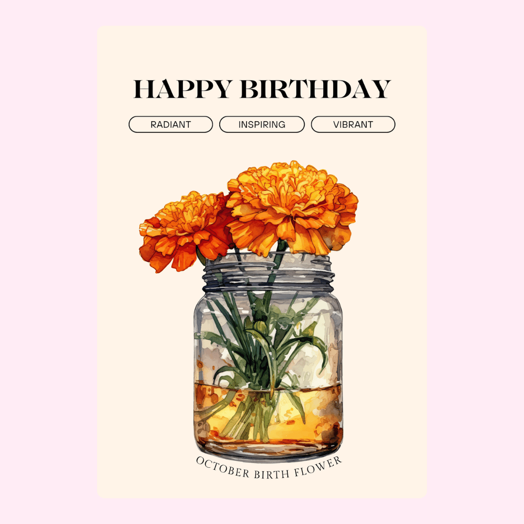 Happy birthday card with orange marigolds in a jar, October birth flower.