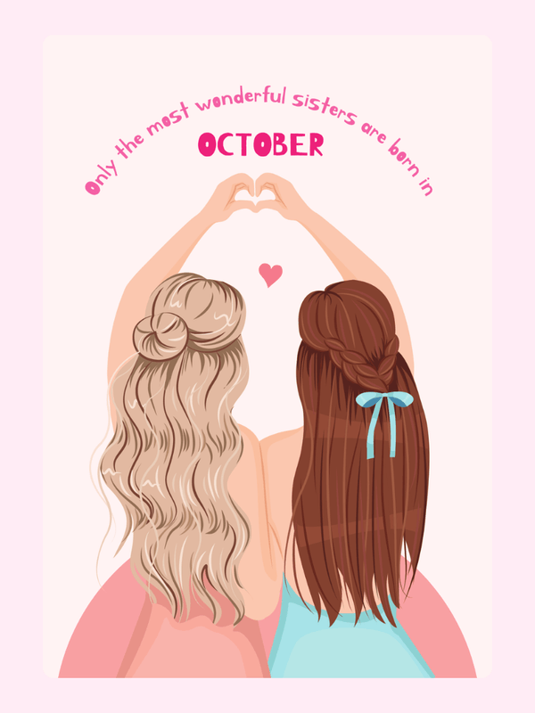 October sisters birthday card illustration