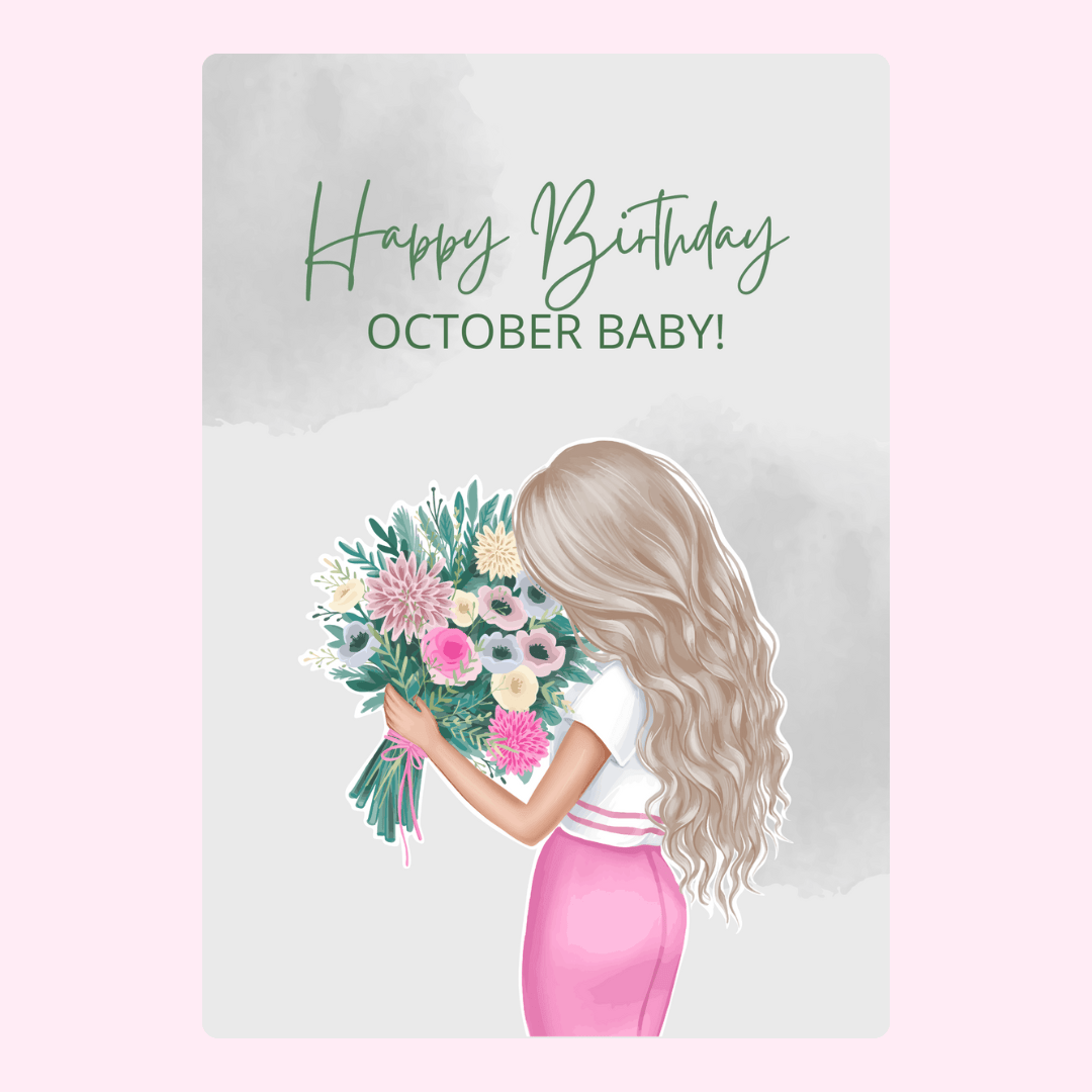 Happy Birthday October card with girl and flowers