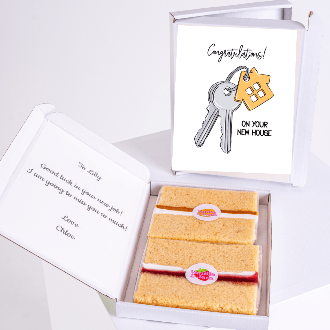 New job & house gift box, congratulations card & cake