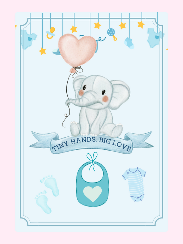 Baby shower card with elephant and heart balloon.