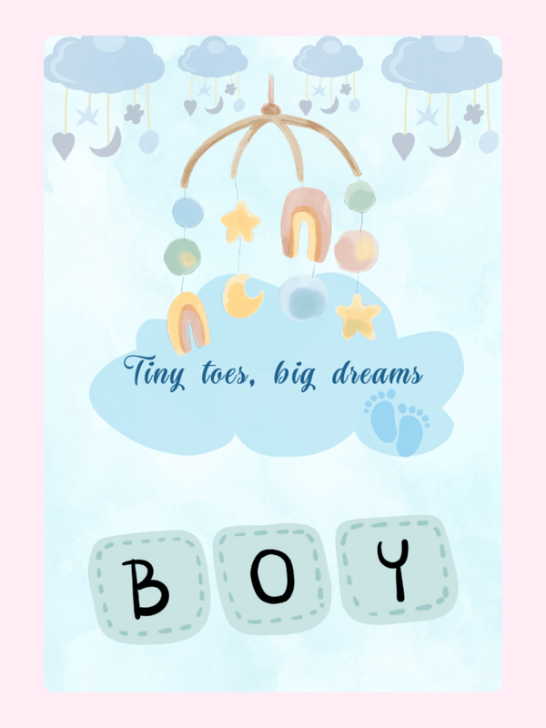 Baby boy announcement with mobile and Tiny toes, big dreams design.
