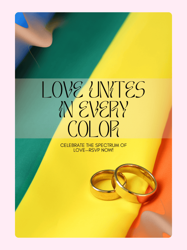 Pride celebration announcement with wedding rings.