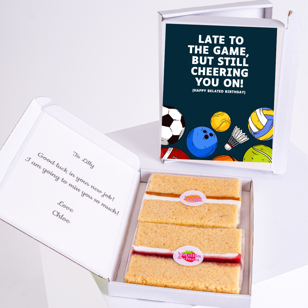 Cake gift box Late to the Game for Lilly, happy birthday & new job.