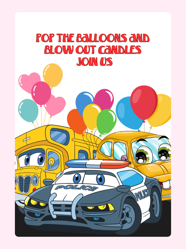 Birthday party invitation with cartoon cars and balloons.