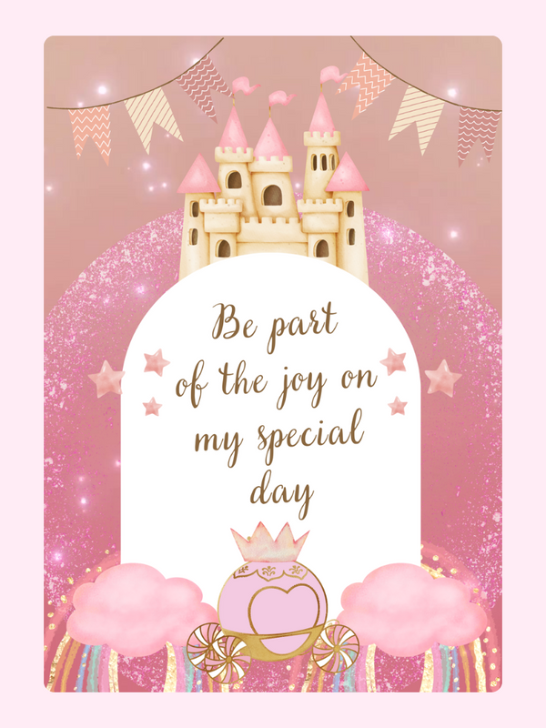 Princess party invitation with castle and carriage
