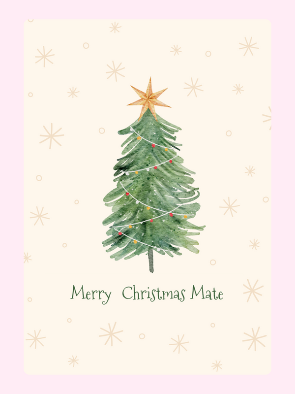 Christmas card design, Merry Christmas Mate, watercolor tree