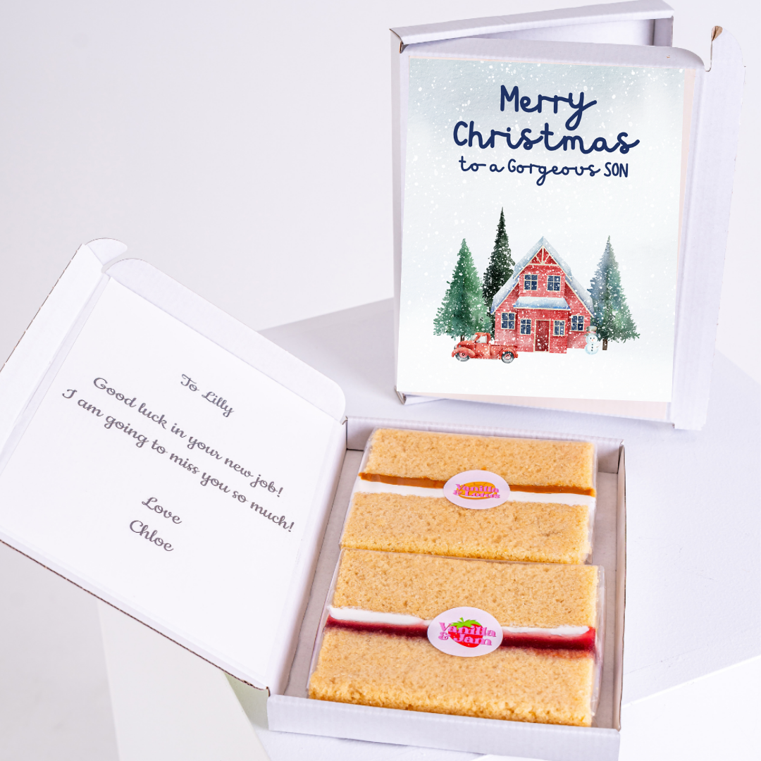 Christmas cake gift box with Merry Christmas to a Gorgeous Son card.