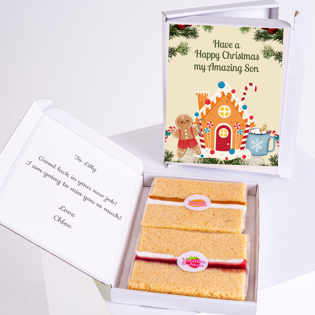 Christmas card & cake gift box for son, farewell to Lilly.