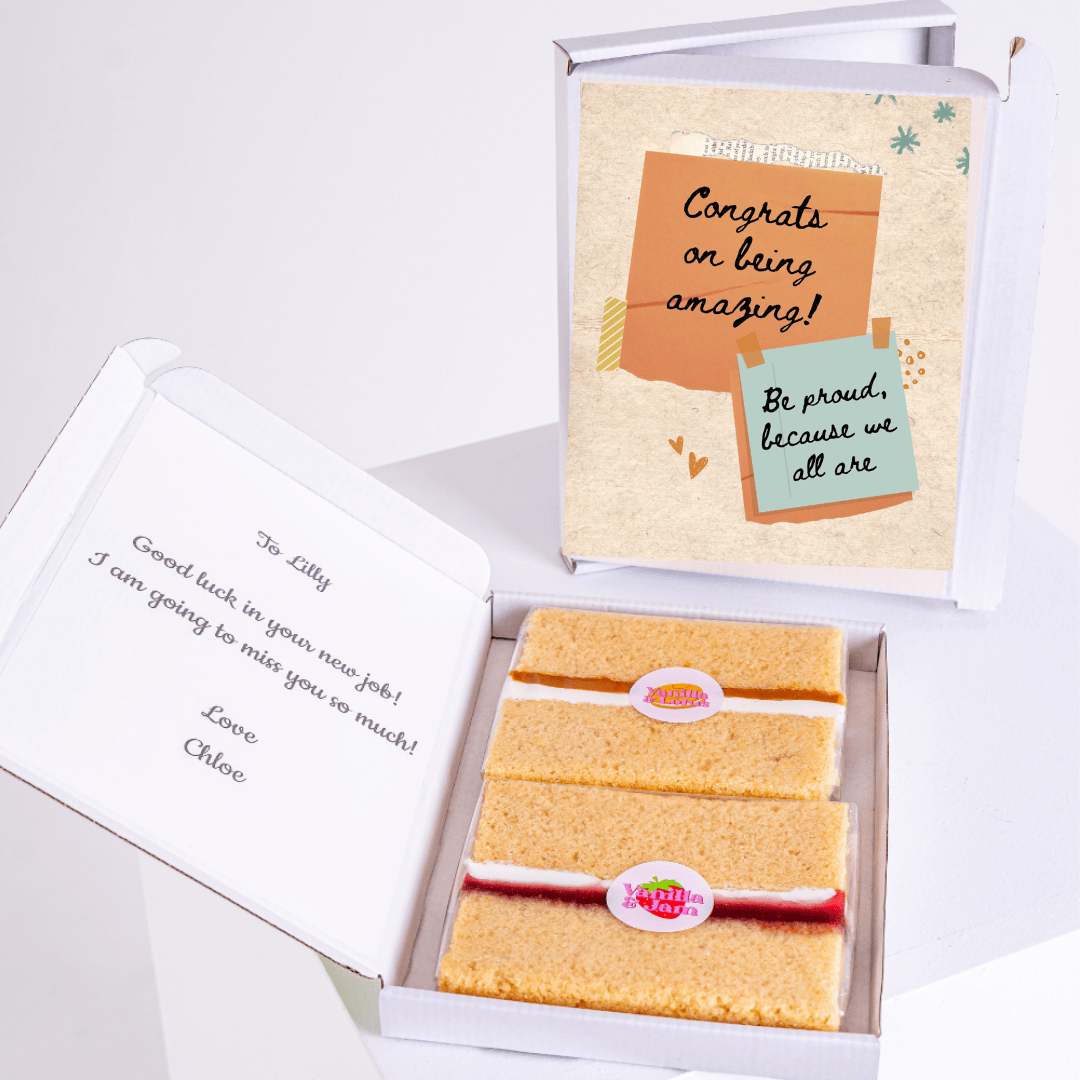 Cake gift box with Congrats card and message to Tilly