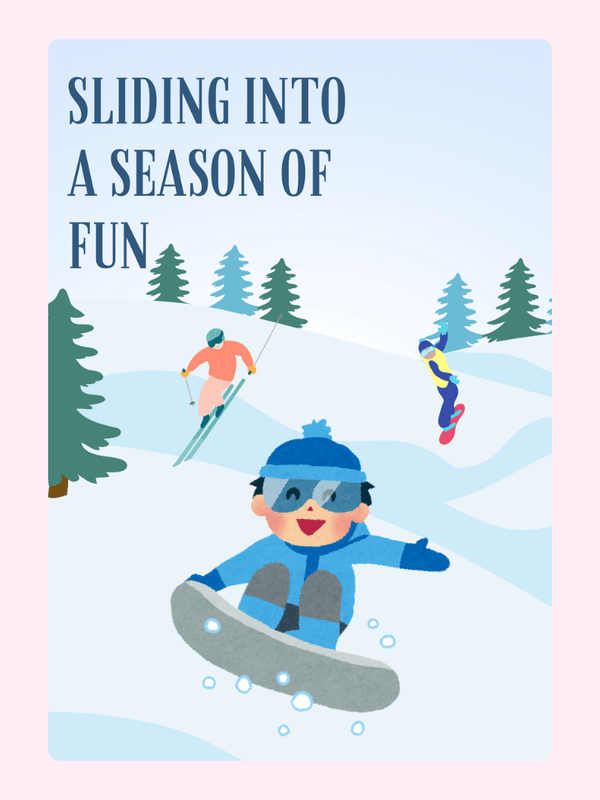 Winter fun season design featuring snowboarder and skiers.