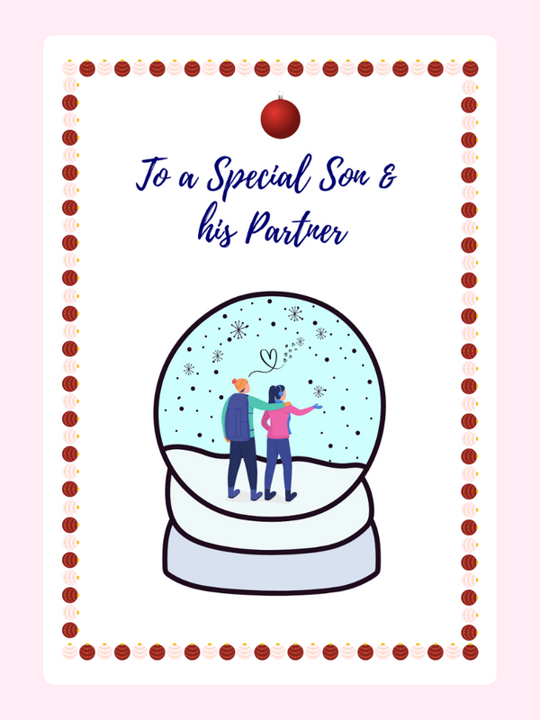 Christmas card for son and partner with snow globe illustration.