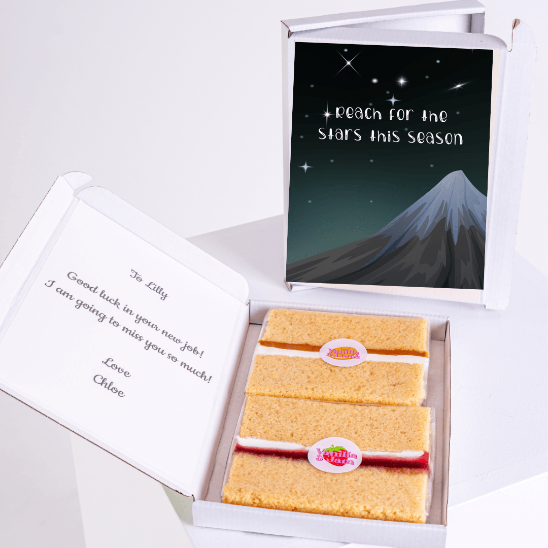 Cake gift box with Reach for the Stars card, a farewell message, and cake.