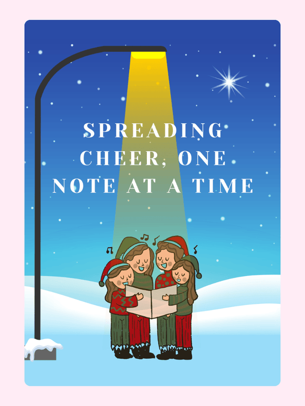 Christmas carolers under a streetlight, spreading cheer.