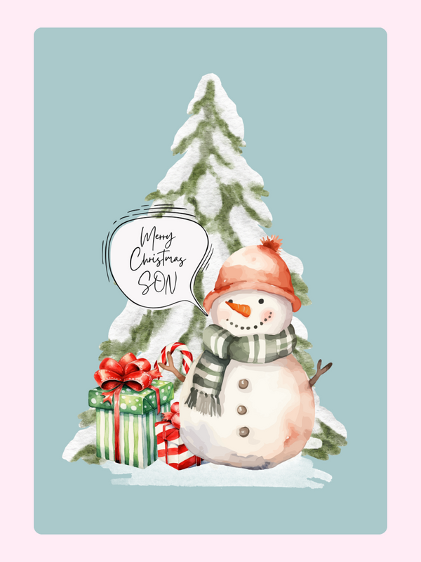 Christmas card for son with snowman and gifts.