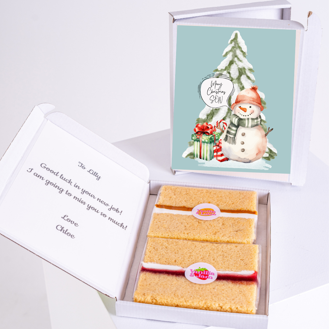Cake gift box with snowman card and goodbye message to Lilly.
