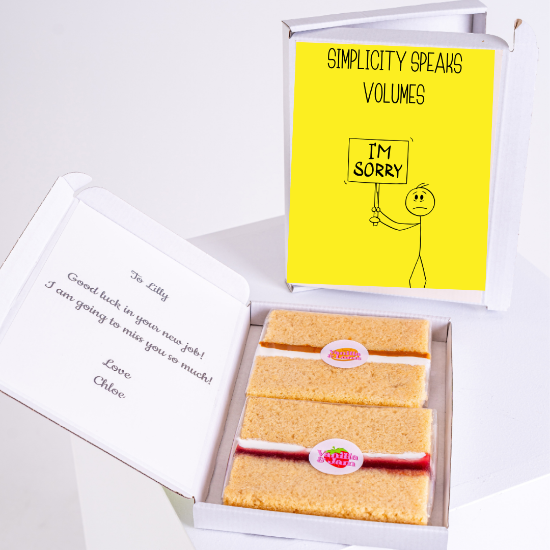 Farewell cake gift box with I'm Sorry card and message for Lilly.