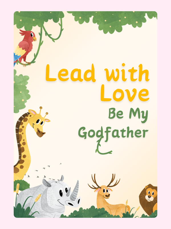 Lead with Love Godfather invitation with animal illustrations
