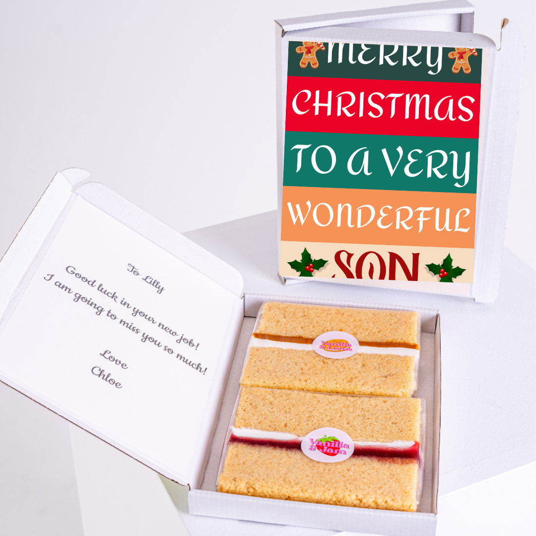 Christmas gift box for son with message and cake