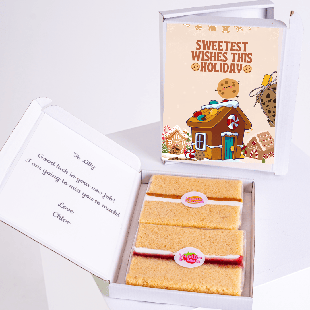Holiday gift box with cake and message Sweetest Wishes