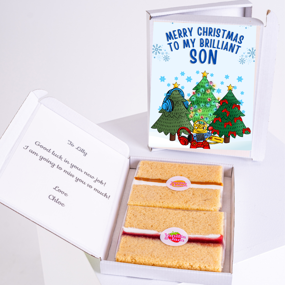 Christmas gift box for son with cake and message.