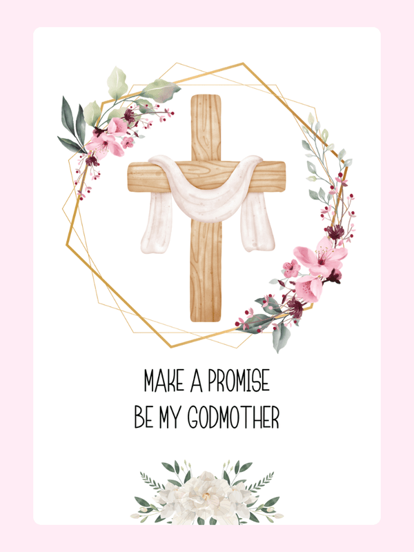 Godmother promise card with floral cross design