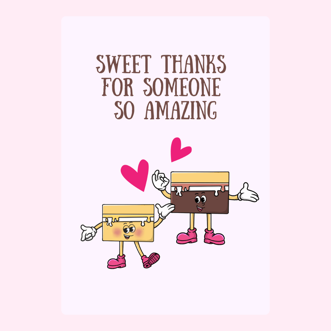 Sweet thanks card with animated cake characters