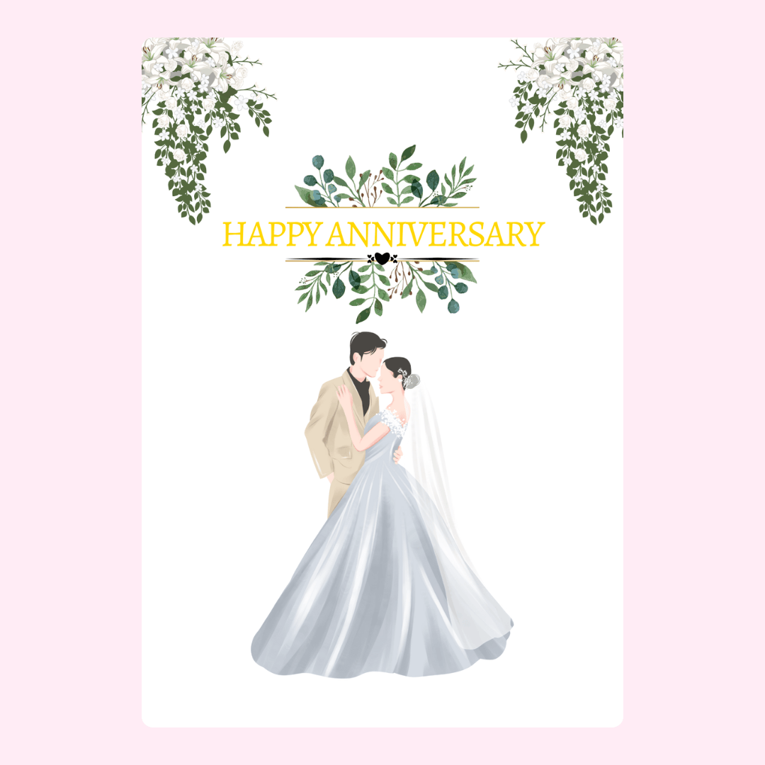 Anniversary card with couple, floral design, Happy Anniversary