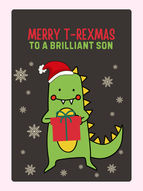 Merry T-Rexmas card for son with dinosaur, gift, and snowflakes.