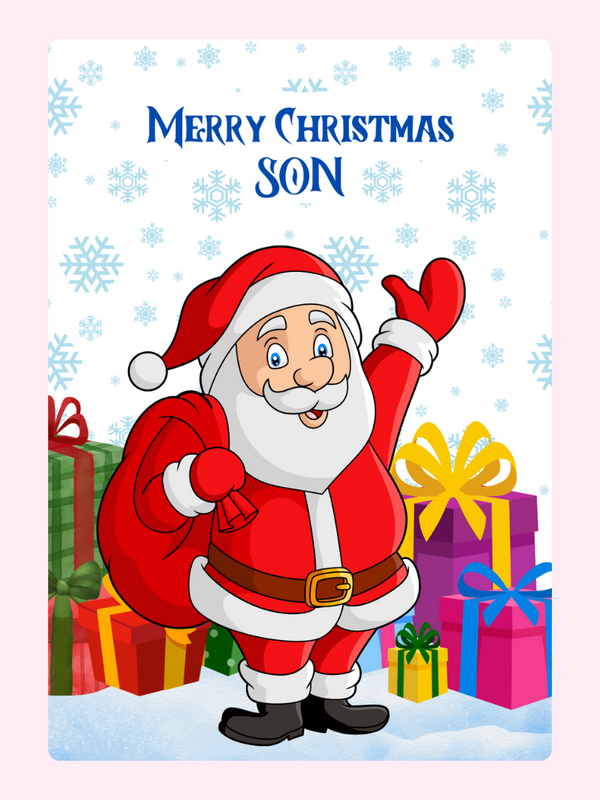 Christmas card for son with Santa and gifts