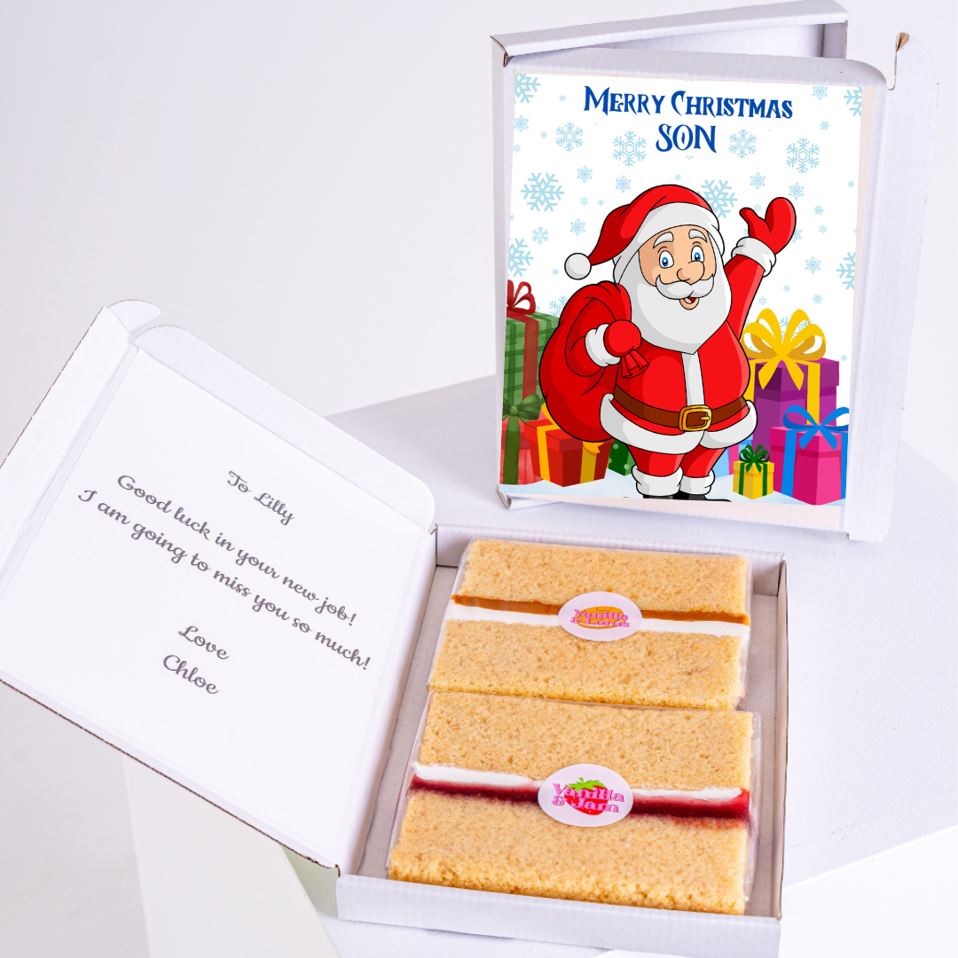 Christmas gift box with cake, card for son, and note for Lilly.
