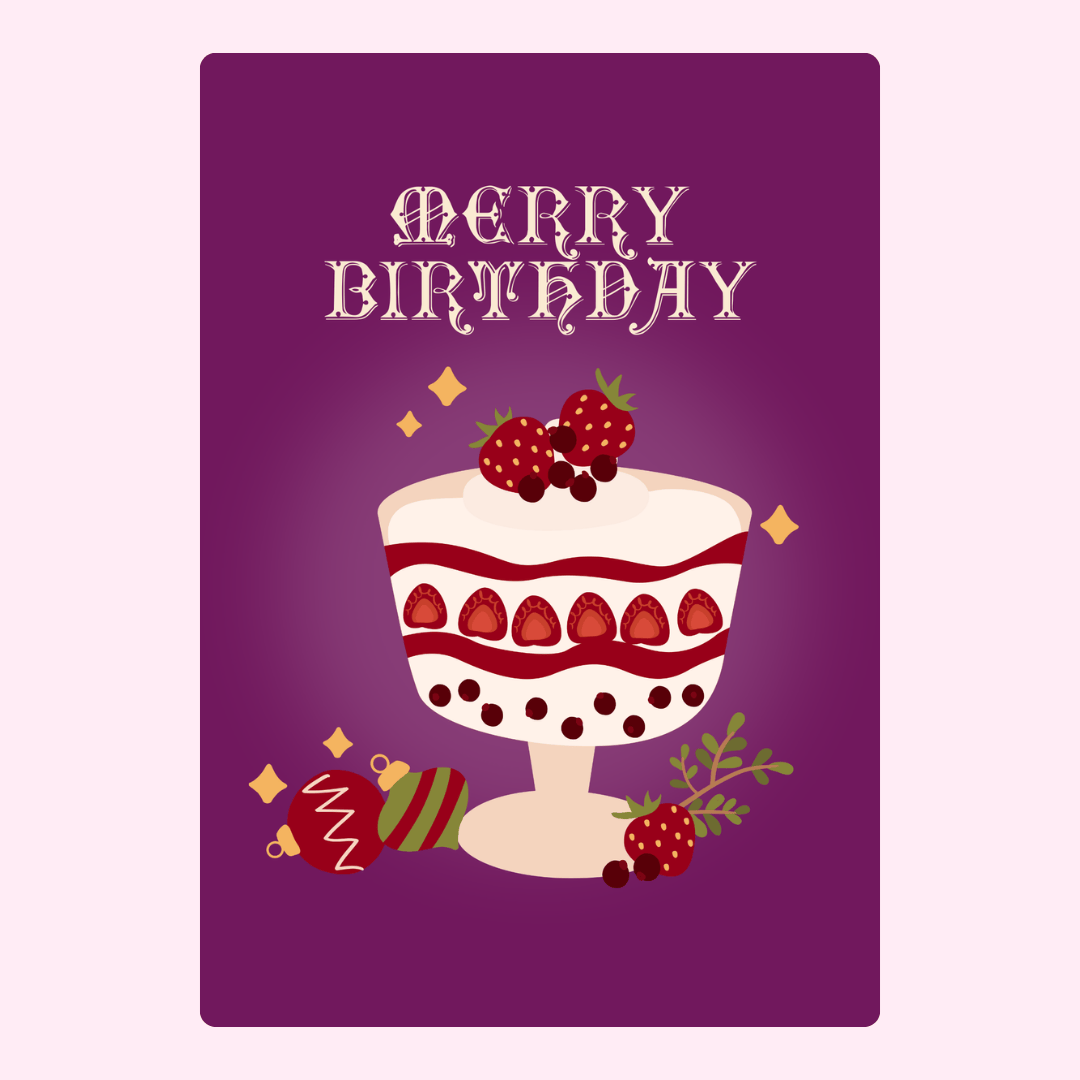 Merry Birthday card with strawberry cake and ornaments