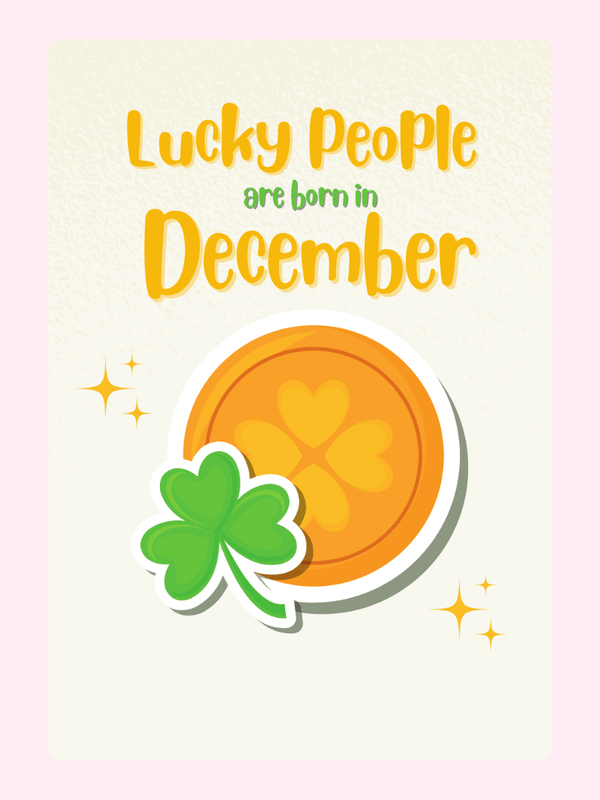 December birthday graphic with lucky coin and clover.
