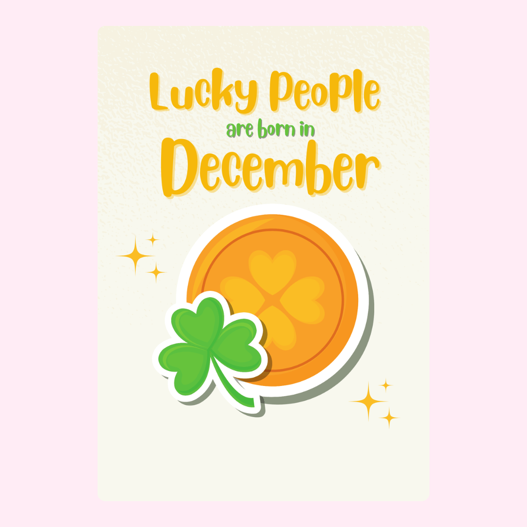 December birthday graphic with lucky coin and clover.