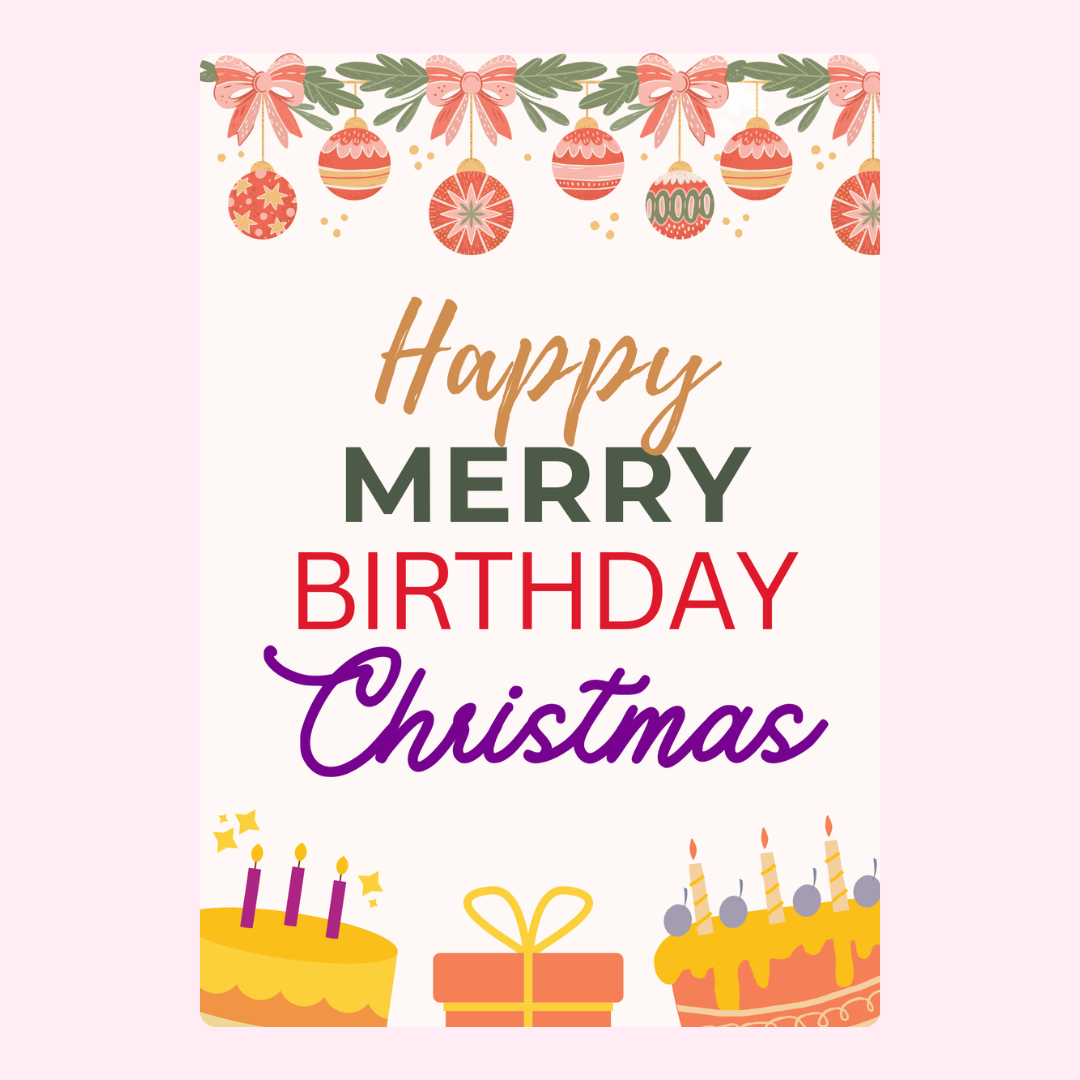 Birthday Christmas card design with ornaments and cakes