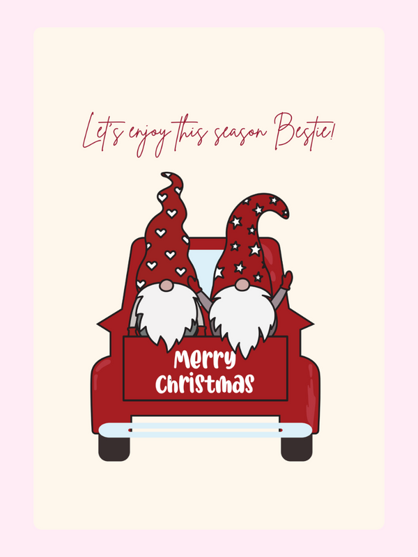 Christmas card with gnomes in a truck, Merry Christmas Besties