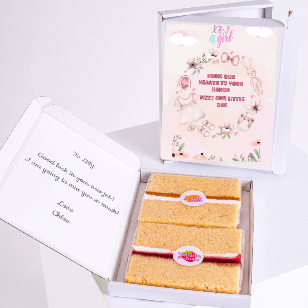 It's a Girl cake gift box for Lilly, with text from Chloe