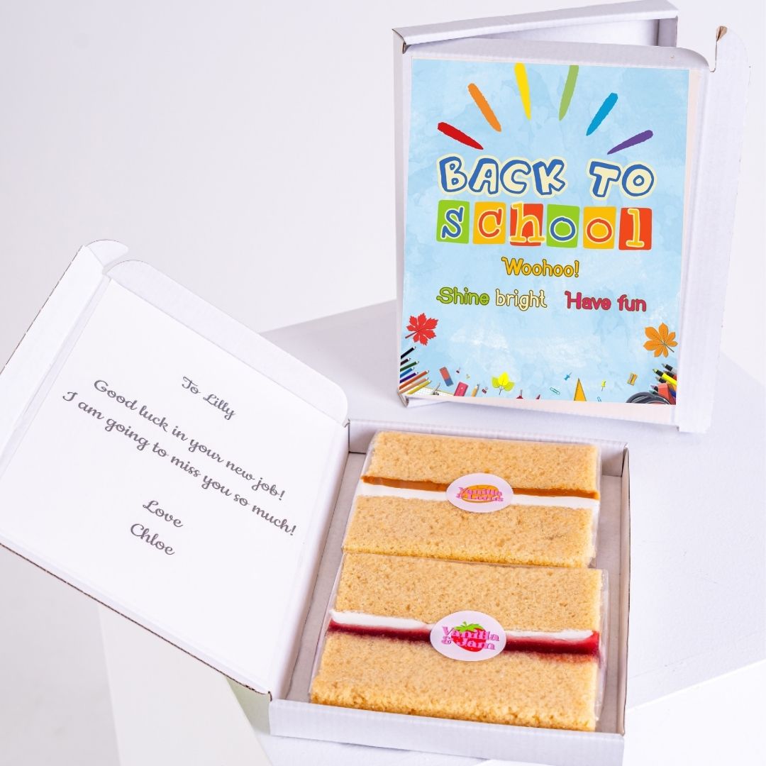 Vanilla sponge treat with Back to School gift message.
