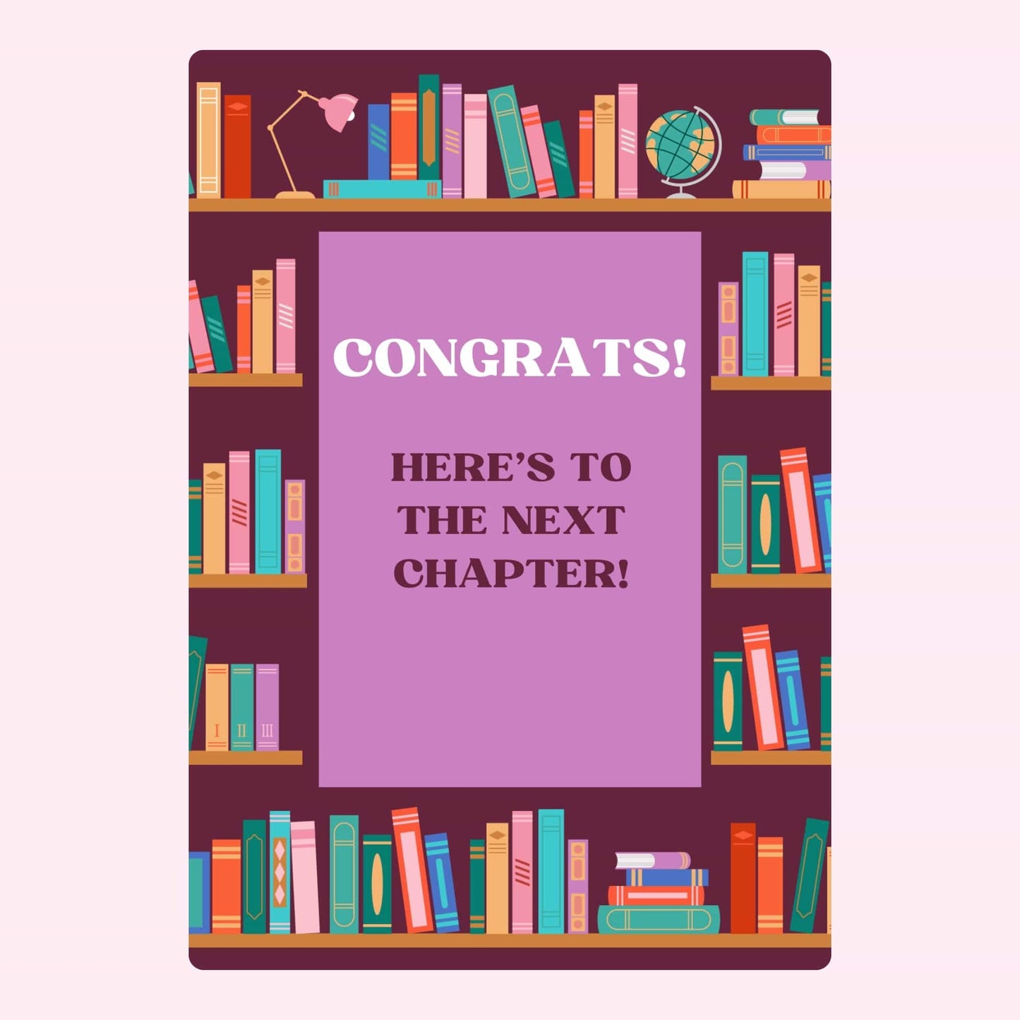 Website congrats card with bookshelves, August 29, 2024.