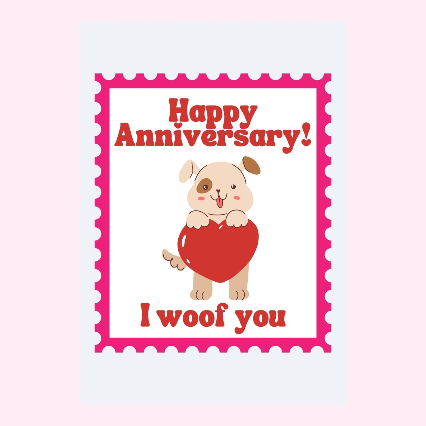 Happy Anniversary card with dog holding heart