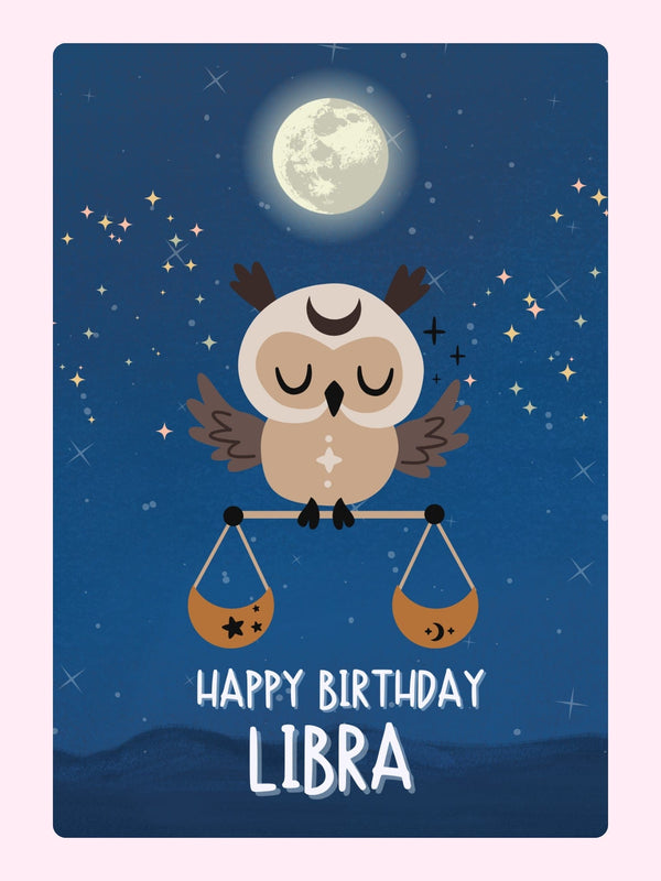 Happy Birthday Libra card featuring owl, moon, and stars.