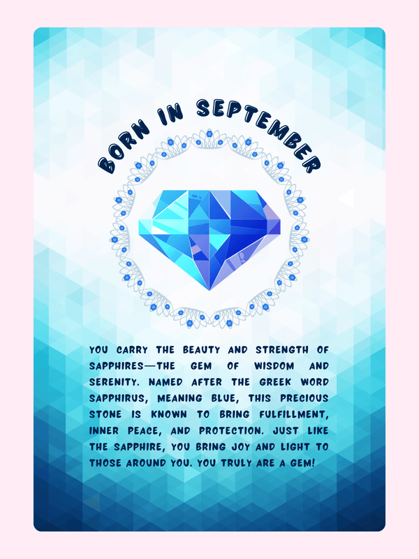 September birthday card with sapphire gem
