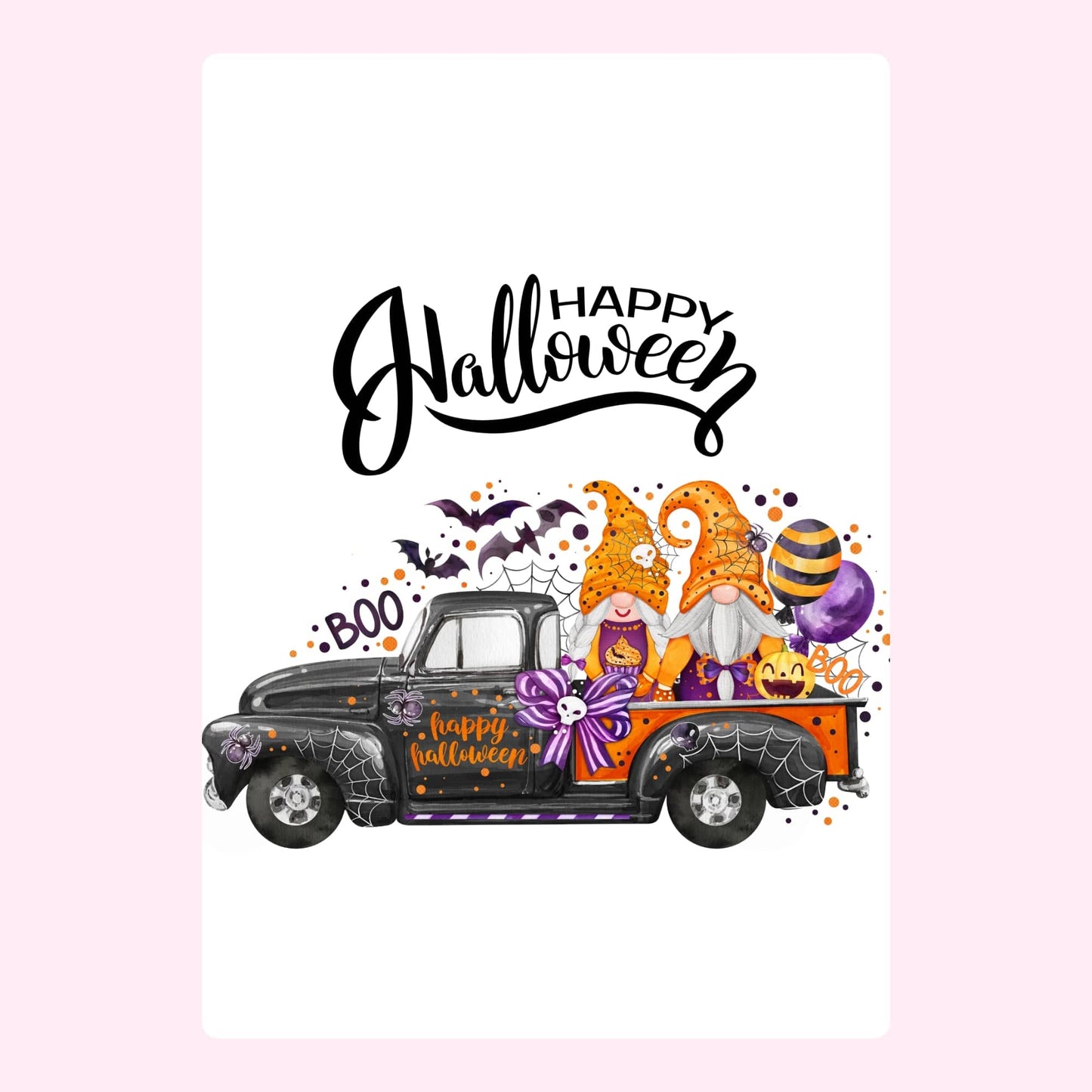 Happy Halloween gnomes in truck illustration