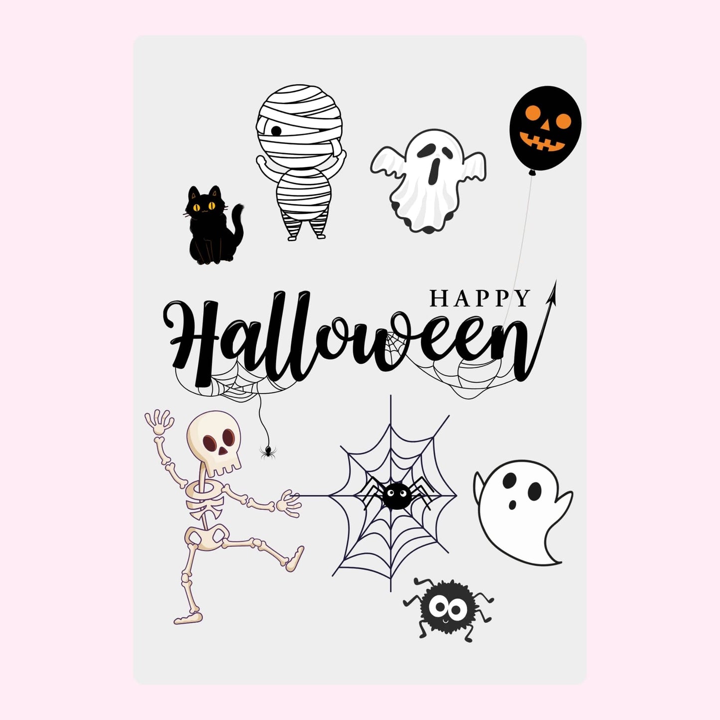 Happy Halloween illustration with mummy, ghost, and more.