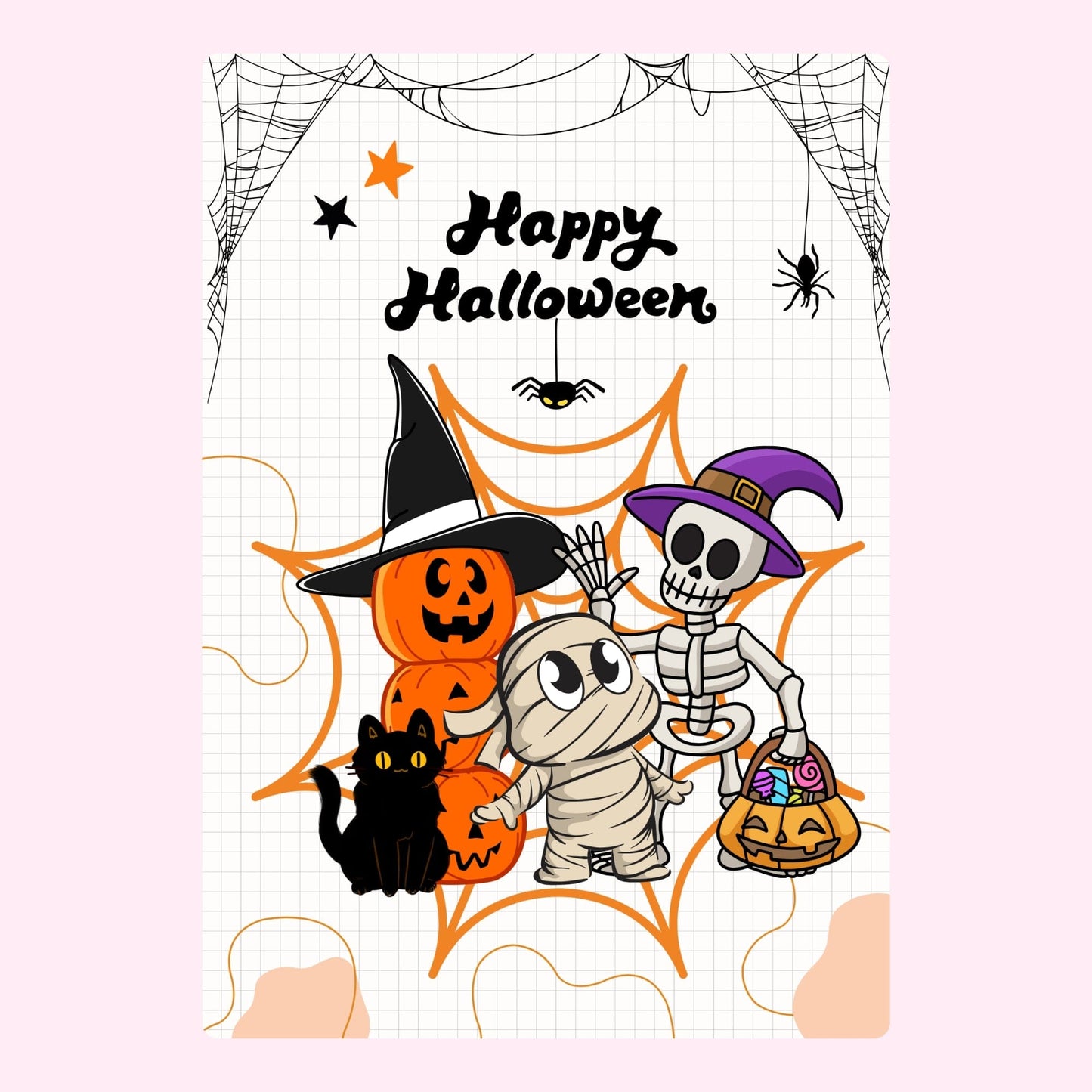 Website Halloween card with pumpkins, skeleton, and mummy