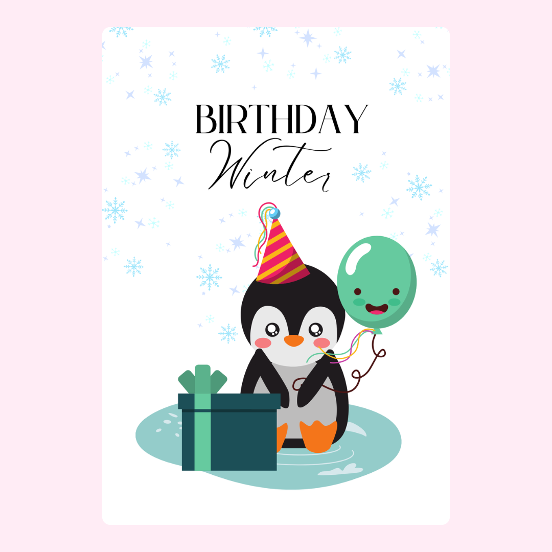 Winter birthday card with penguin and balloon