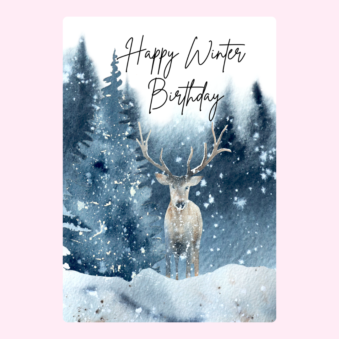 Happy Winter Birthday card with deer in snowy forest.