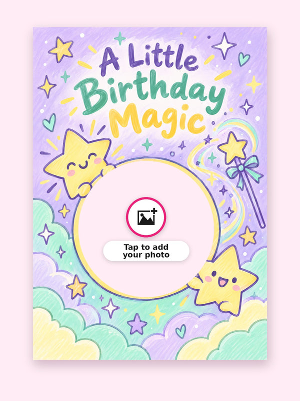 A Little Birthday Magic Cake Card with a space for your own photo