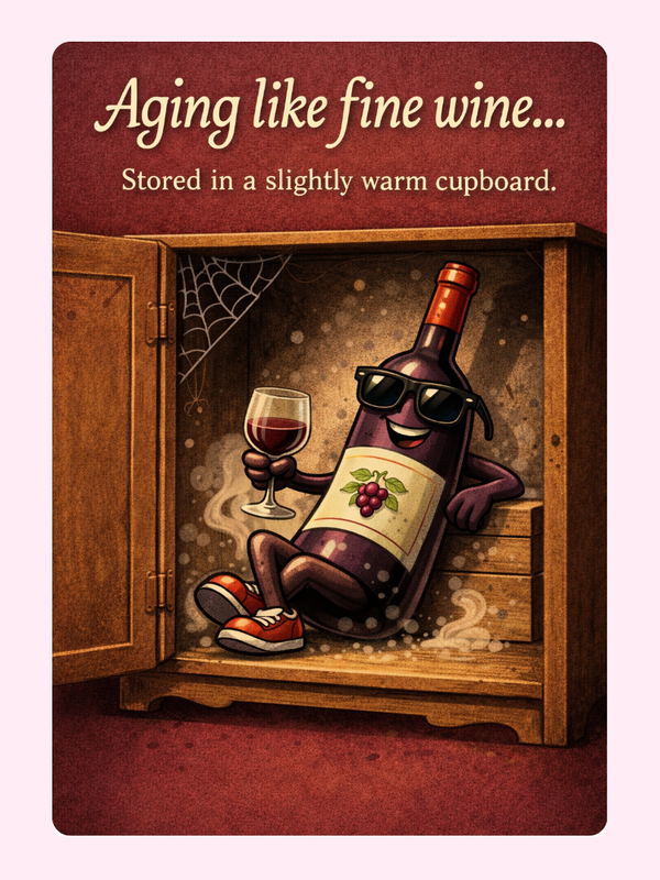 Funny birthday card with wine bottle saying ageing like fine wine stored in a slightly warm cupboard